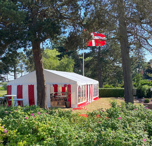 Professionelt festtelt, rødt/hvidt - 6x12m (72 kvm - ca. 50-70 gæster)